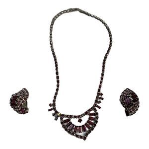 Women’s Vintage Rhinestone  Purple Silver-Like Necklace & Matching Earrings